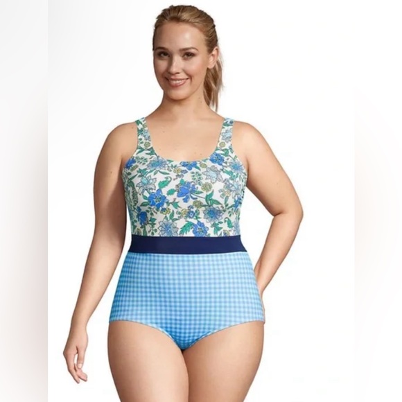 Land’s End Scoop Neck One Piece Floral Plaid Swimsuit Plus Petite Size 16P EUC - Picture 2 of 9